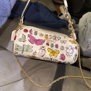 Coach Cream Floral & Bug Print Mini Cylinder Crossbody with Gold Chain